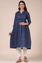 Blue Cotton Lines Sweetheart Neck Nursing Kurta