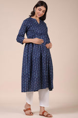 Blue Cotton Lines Sweetheart Neck Nursing Kurta