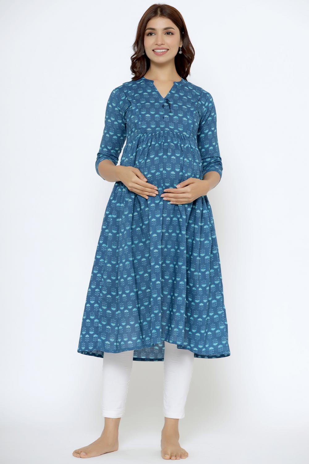 Blue Cotton Boota Print Sweetheart Neck Nursing Kurta