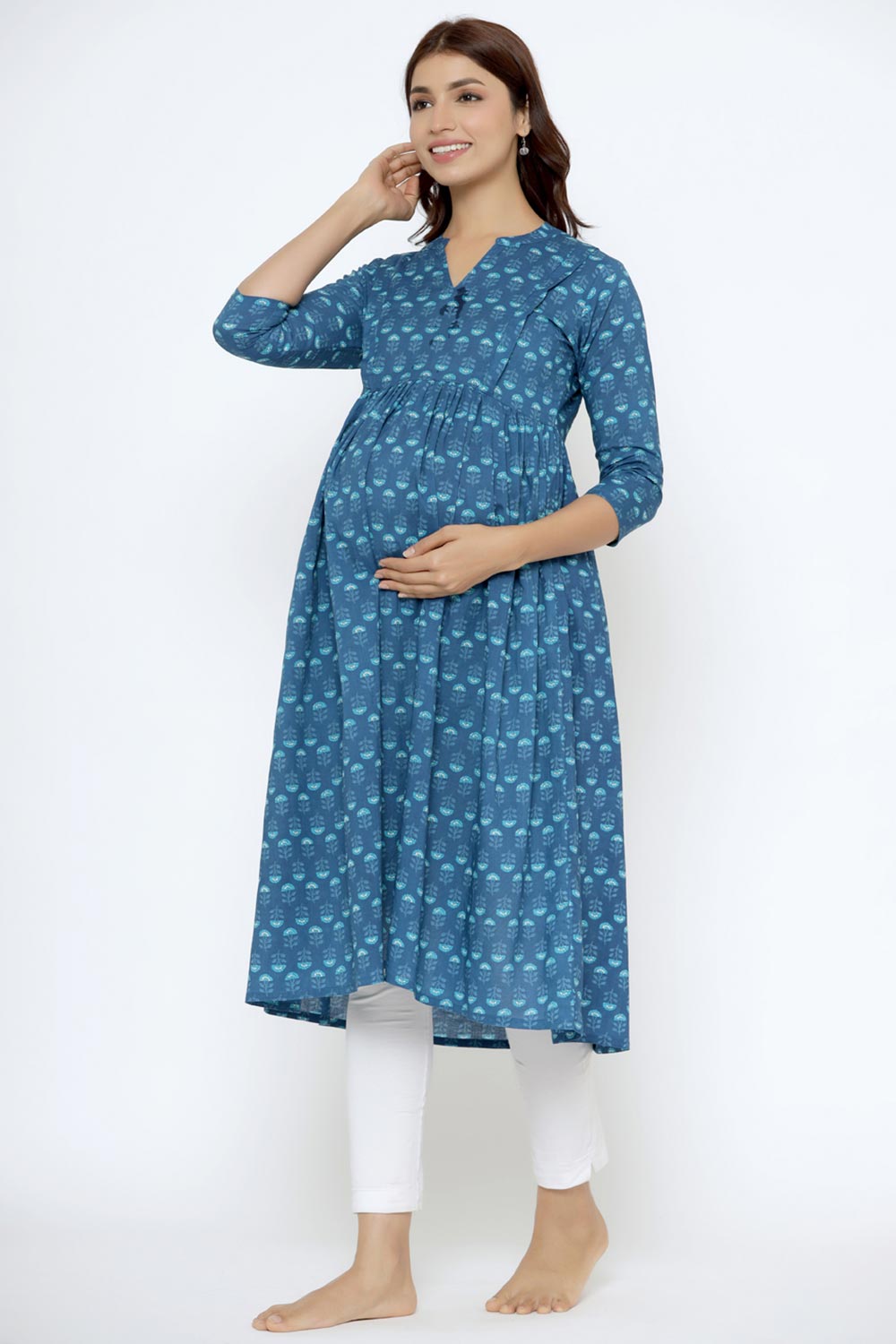 Blue Cotton Boota Print Sweetheart Neck Nursing Kurta