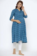 Blue Cotton Boota Print Sweetheart Neck Nursing Kurta