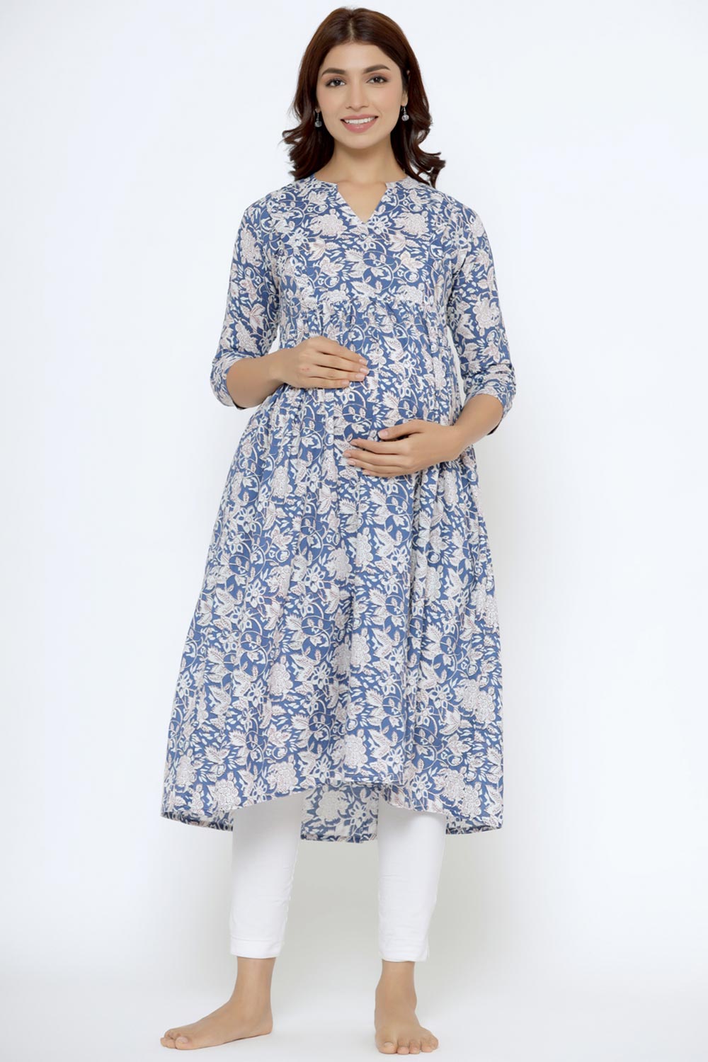 Blue Cotton Floral Jaal Sweetheart Neck Nursing Kurta