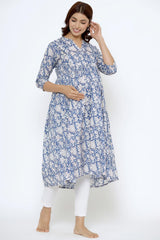 Blue Cotton Floral Jaal Sweetheart Neck Nursing Kurta