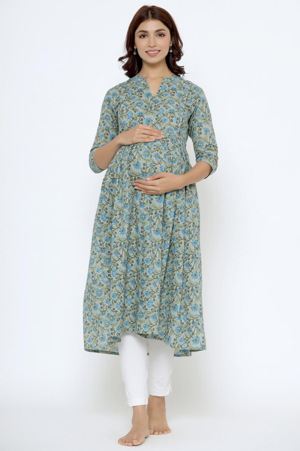 Green Cotton Floral Jaal Sweetheart Neck Nursing Kurta