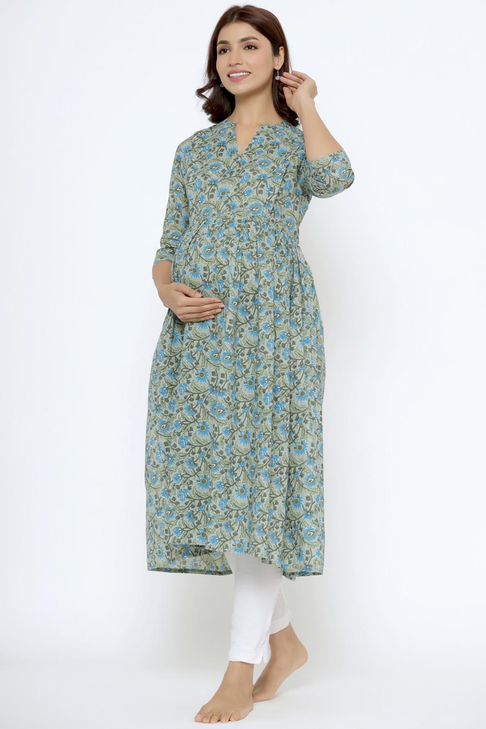 Green Cotton Floral Jaal Sweetheart Neck Nursing Kurta