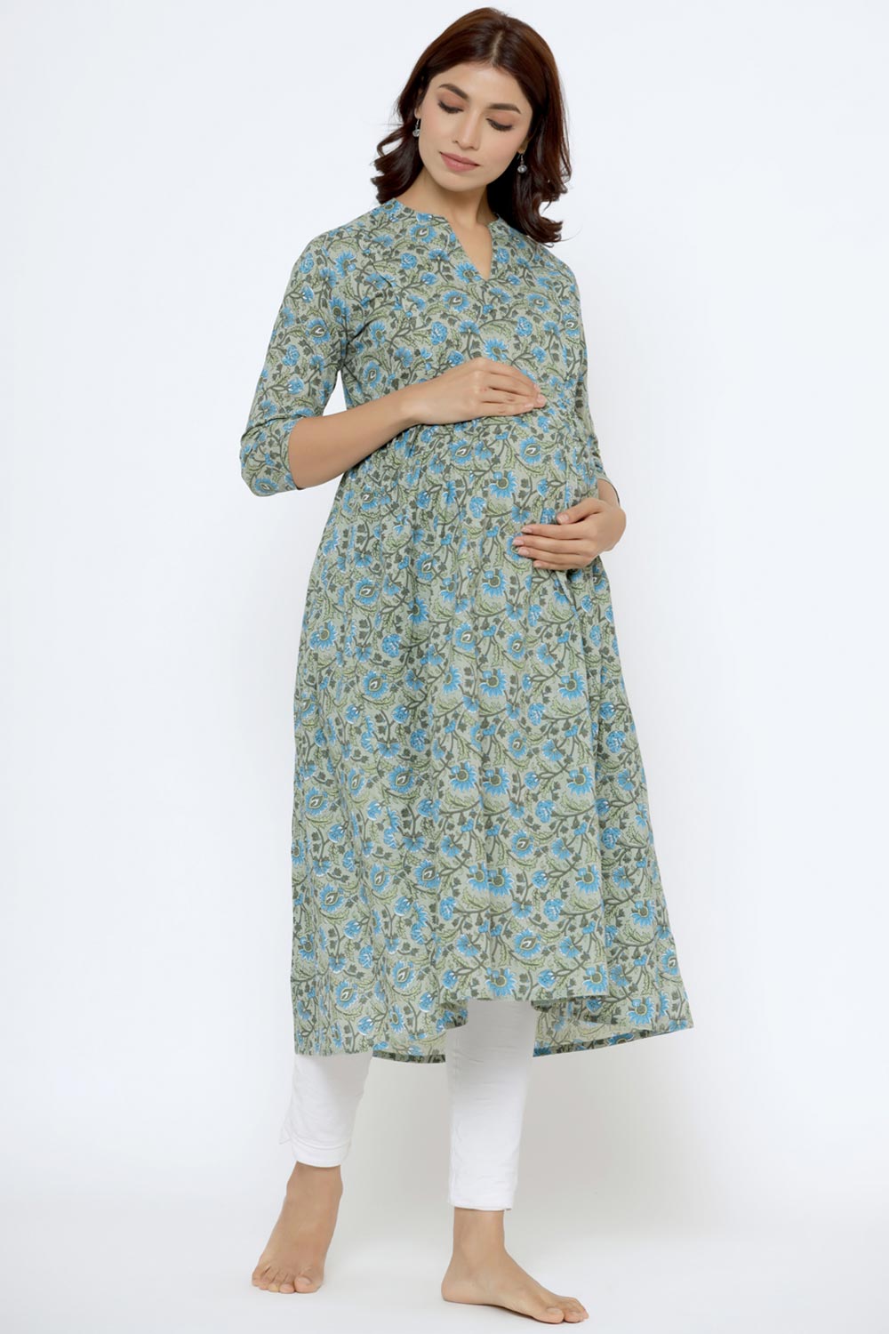 Green Cotton Floral Jaal Sweetheart Neck Nursing Kurta