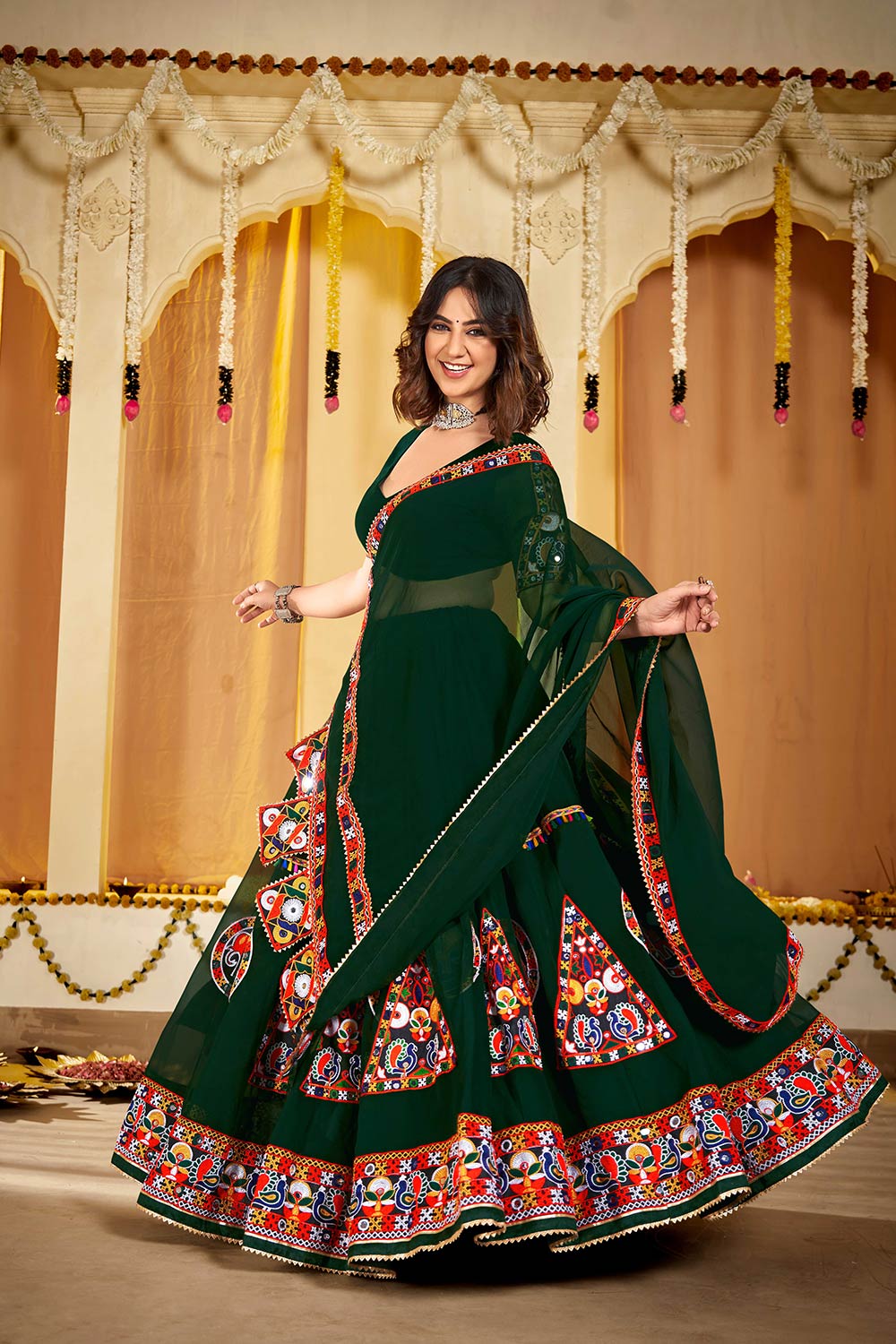 Green Georgette Embroidered Lehenga Choli with Dupatta