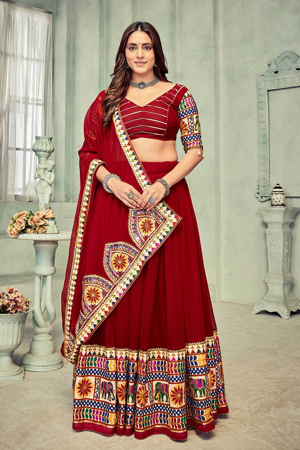 Dark Maroon Georgette Embroidered Lehenga Choli with Dupatta