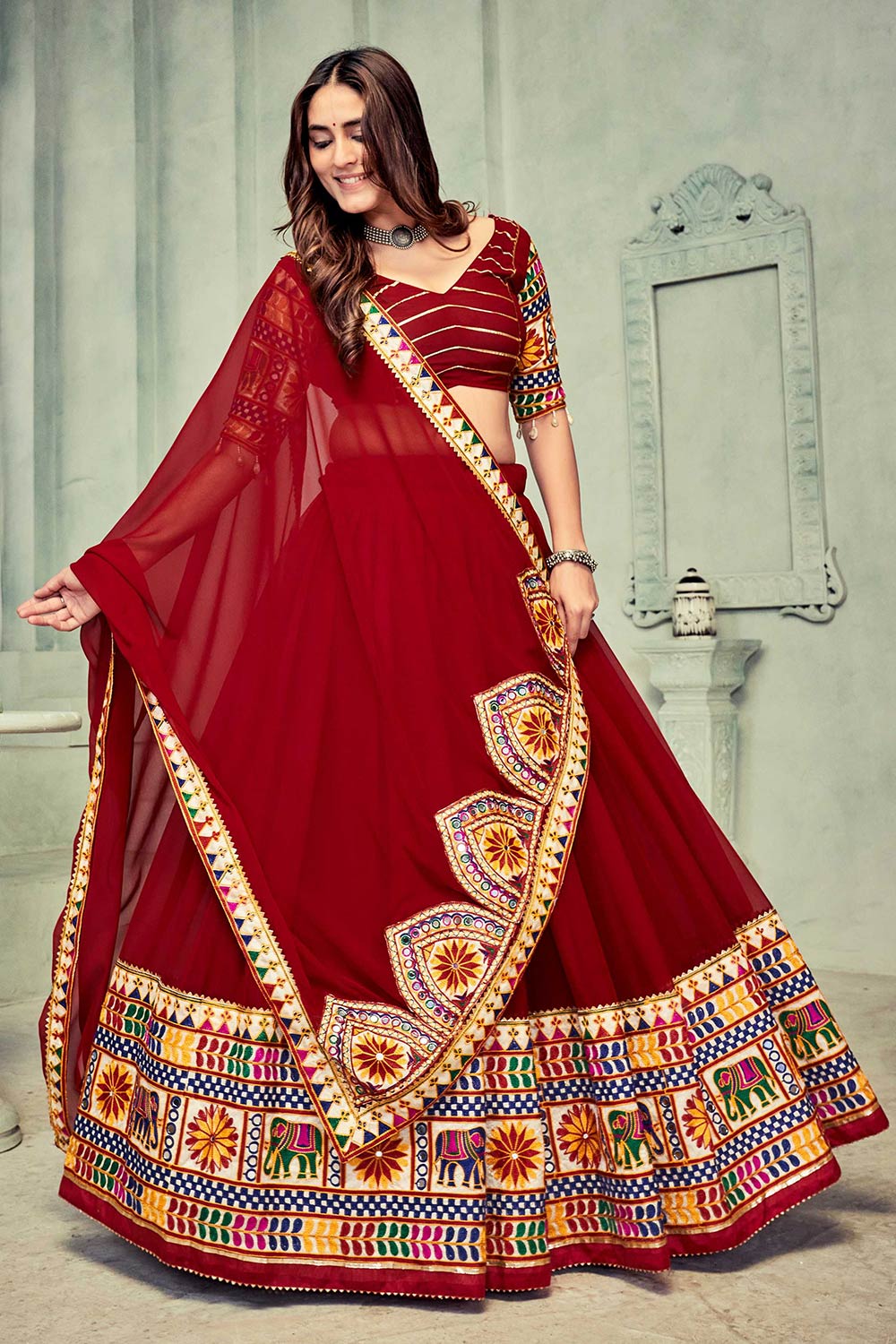 Dark Maroon Georgette Embroidered Lehenga Choli with Dupatta