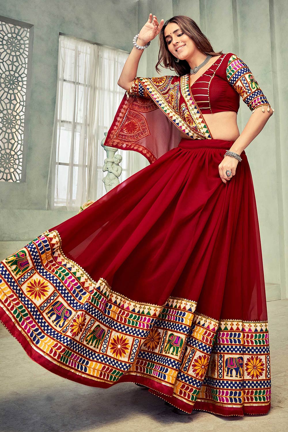 Dark Maroon Georgette Embroidered Lehenga Choli with Dupatta