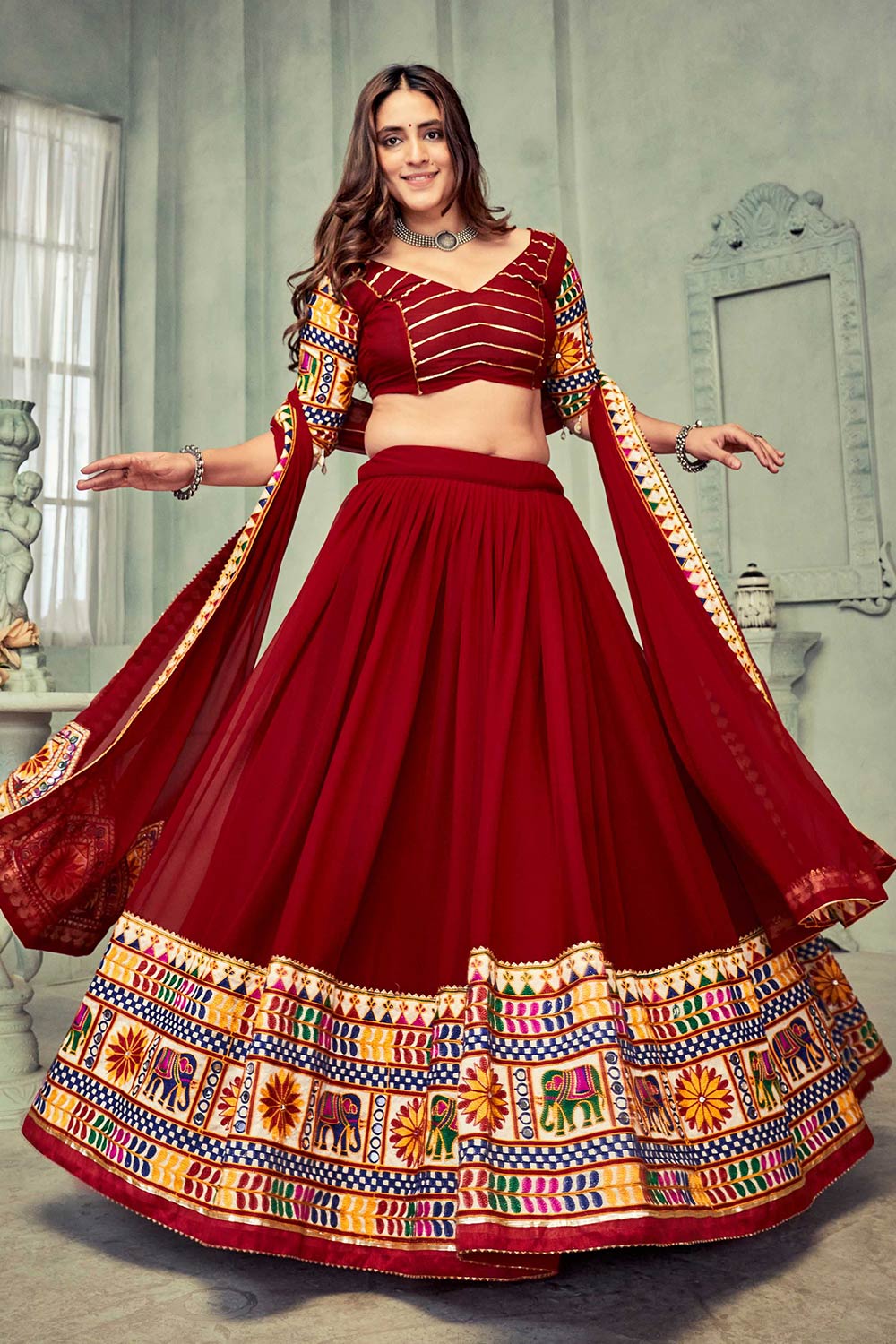 Dark Maroon Georgette Embroidered Lehenga Choli with Dupatta