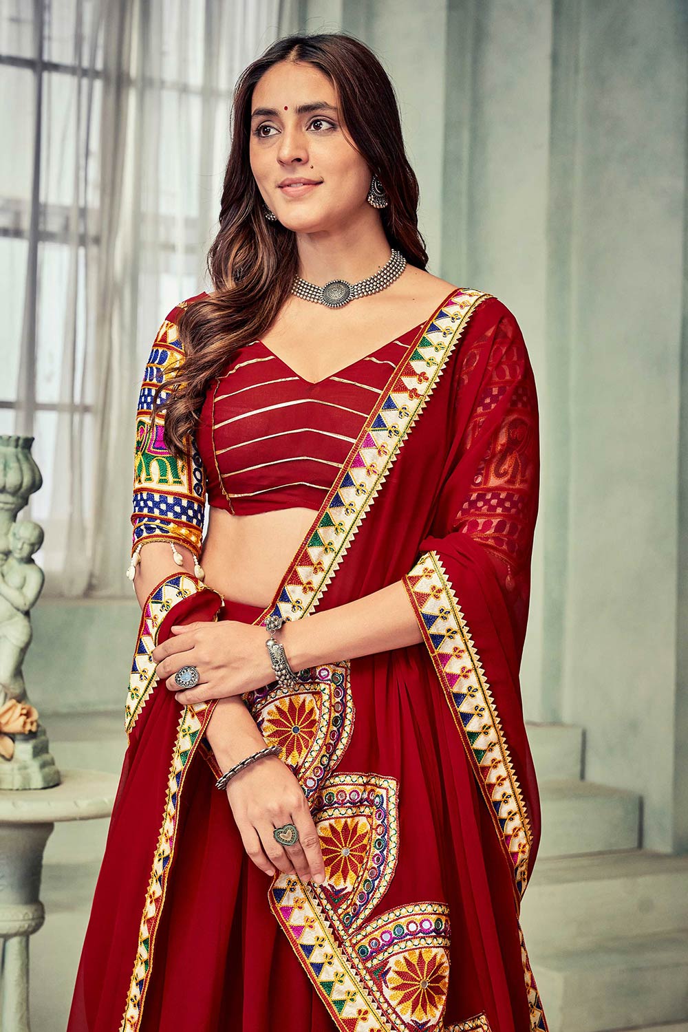 Dark Maroon Georgette Embroidered Lehenga Choli with Dupatta