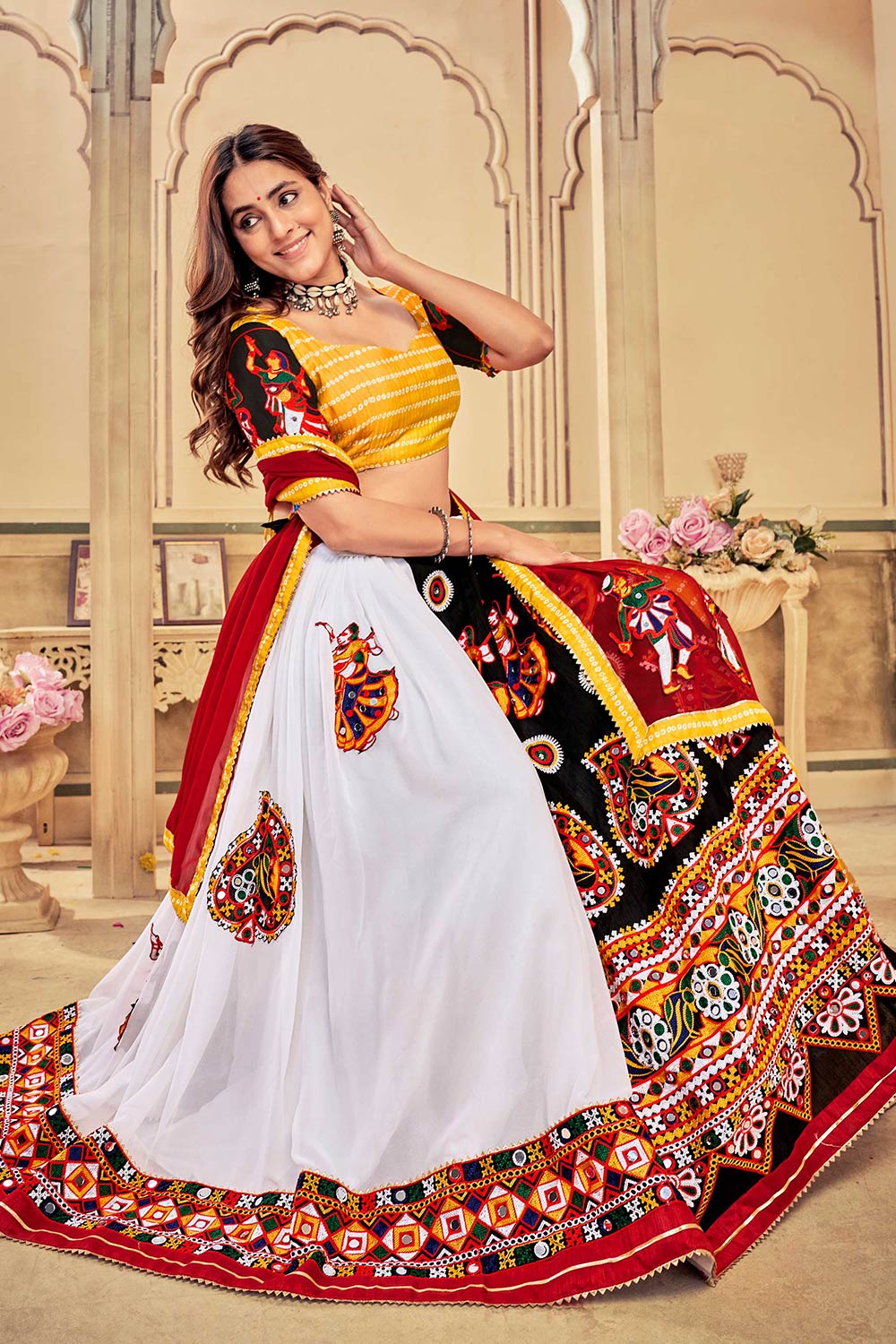 White And Yellow Georgette Embroidered Lehenga Choli with Dupatta