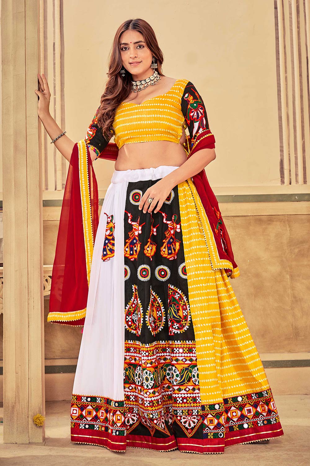 White And Yellow Georgette Embroidered Lehenga Choli with Dupatta