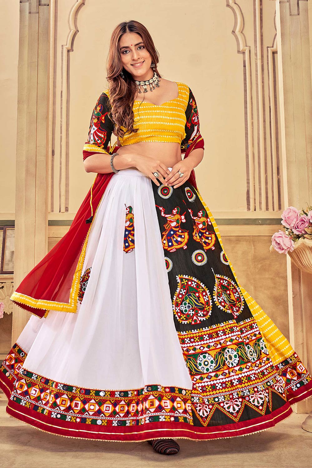 White And Yellow Georgette Embroidered Lehenga Choli with Dupatta