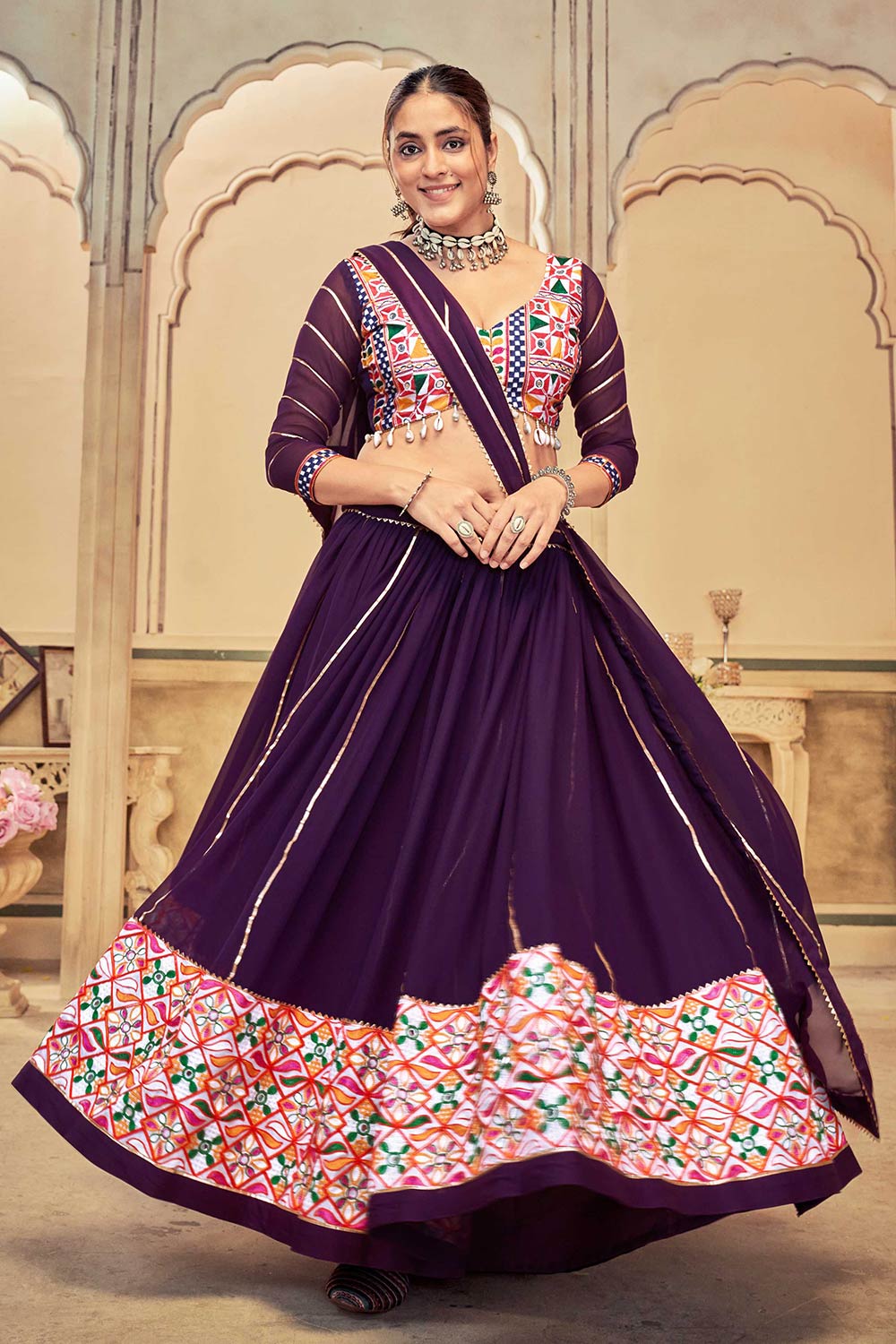 Purple Georgette Embroidered Lehenga Choli with Dupatta