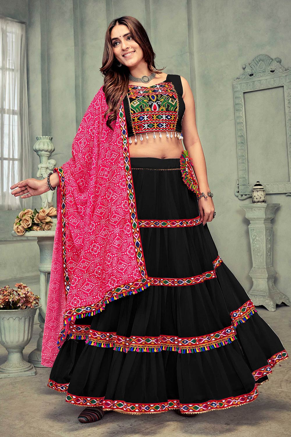 Black And Pink Georgette Embroidered Lehenga Choli with Dupatta