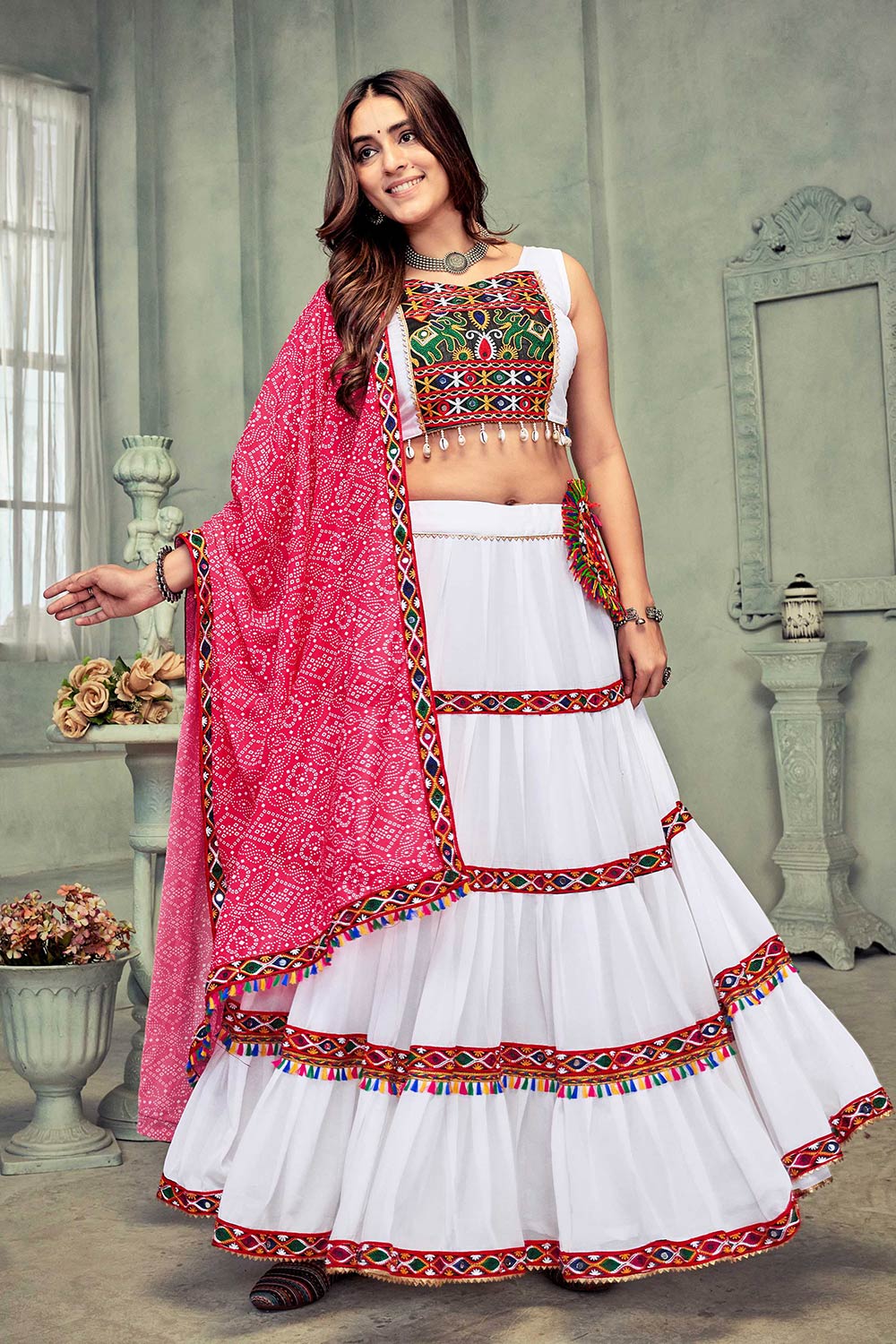 White And Pink Georgette Embroidered Lehenga Choli with Dupatta