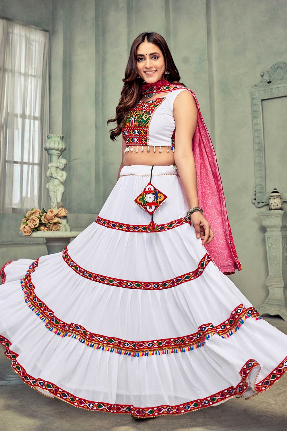 White And Pink Georgette Embroidered Lehenga Choli with Dupatta