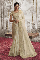 Off White Viscose Resham Embroidery Party Wear Designer Saree