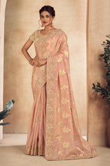 Light Peach Viscose Resham Embroidery Party Wear Designer Saree