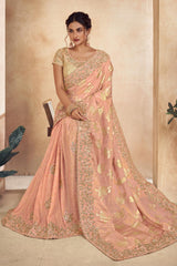 Light Peach Viscose Resham Embroidery Party Wear Designer Saree