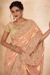 Light Peach Viscose Resham Embroidery Party Wear Designer Saree