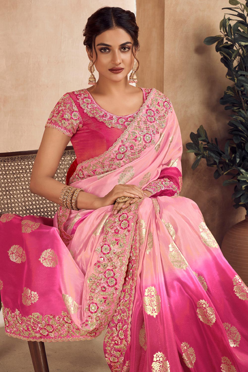 Pink Viscose Resham Embroidery Party Wear Designer Saree