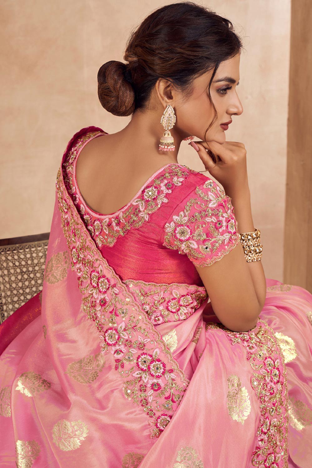 Pink Viscose Resham Embroidery Party Wear Designer Saree