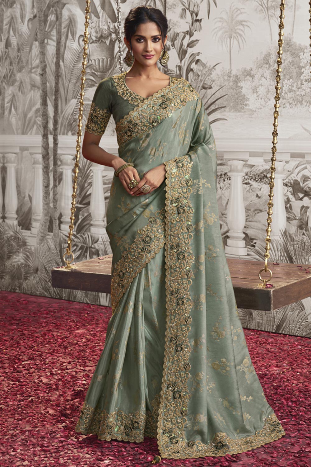 Sea Green Viscose Resham Embroidery Party Wear Designer Saree