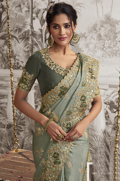 Sea Green Viscose Resham Embroidery Party Wear Designer Saree