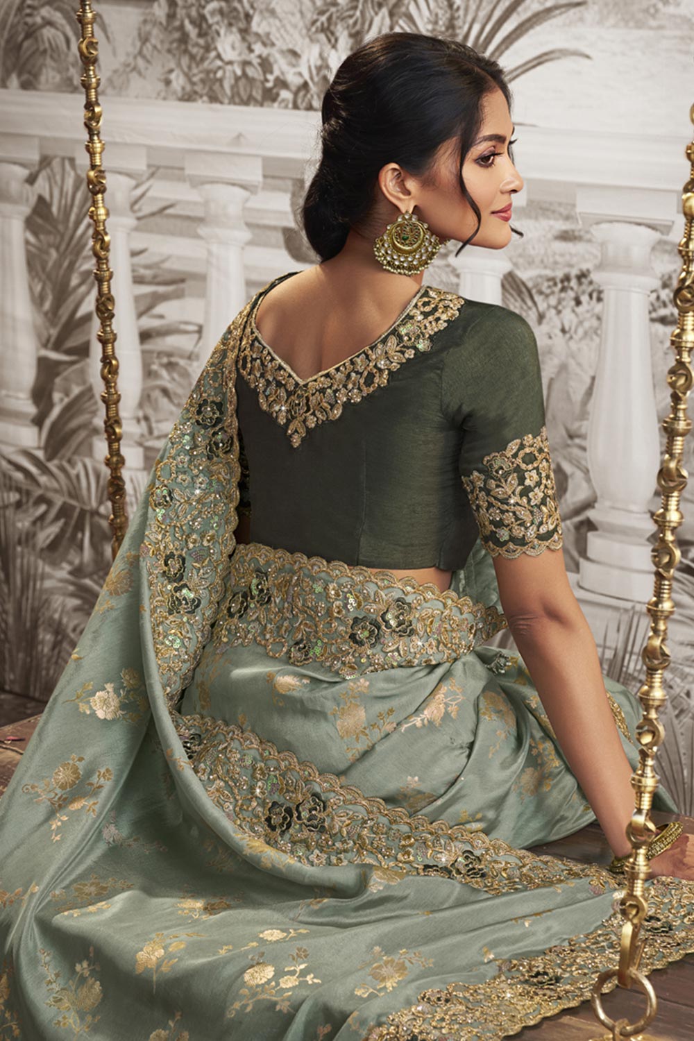 Sea Green Viscose Resham Embroidery Party Wear Designer Saree