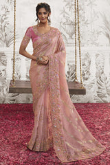 Light Peach Viscose Resham Embroidery Party Wear Designer Saree