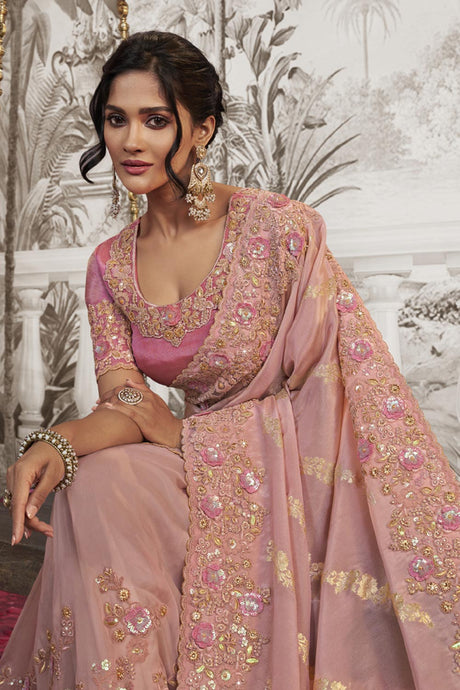 Light Peach Viscose Resham Embroidery Party Wear Designer Saree