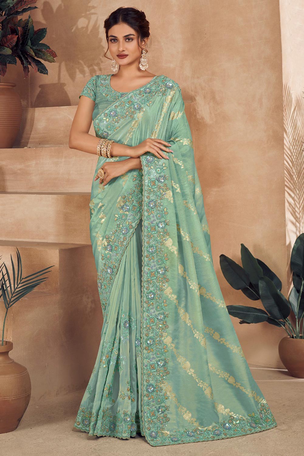 Turquoise Viscose Resham Embroidery Party Wear Designer Saree