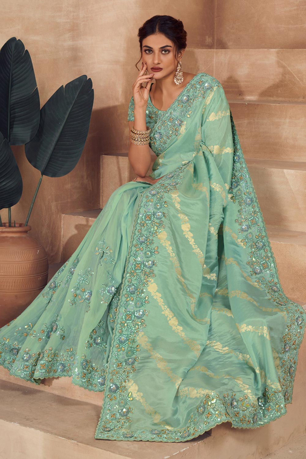 Turquoise Viscose Resham Embroidery Party Wear Designer Saree