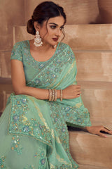 Turquoise Viscose Resham Embroidery Party Wear Designer Saree