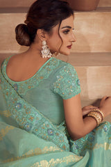 Turquoise Viscose Resham Embroidery Party Wear Designer Saree