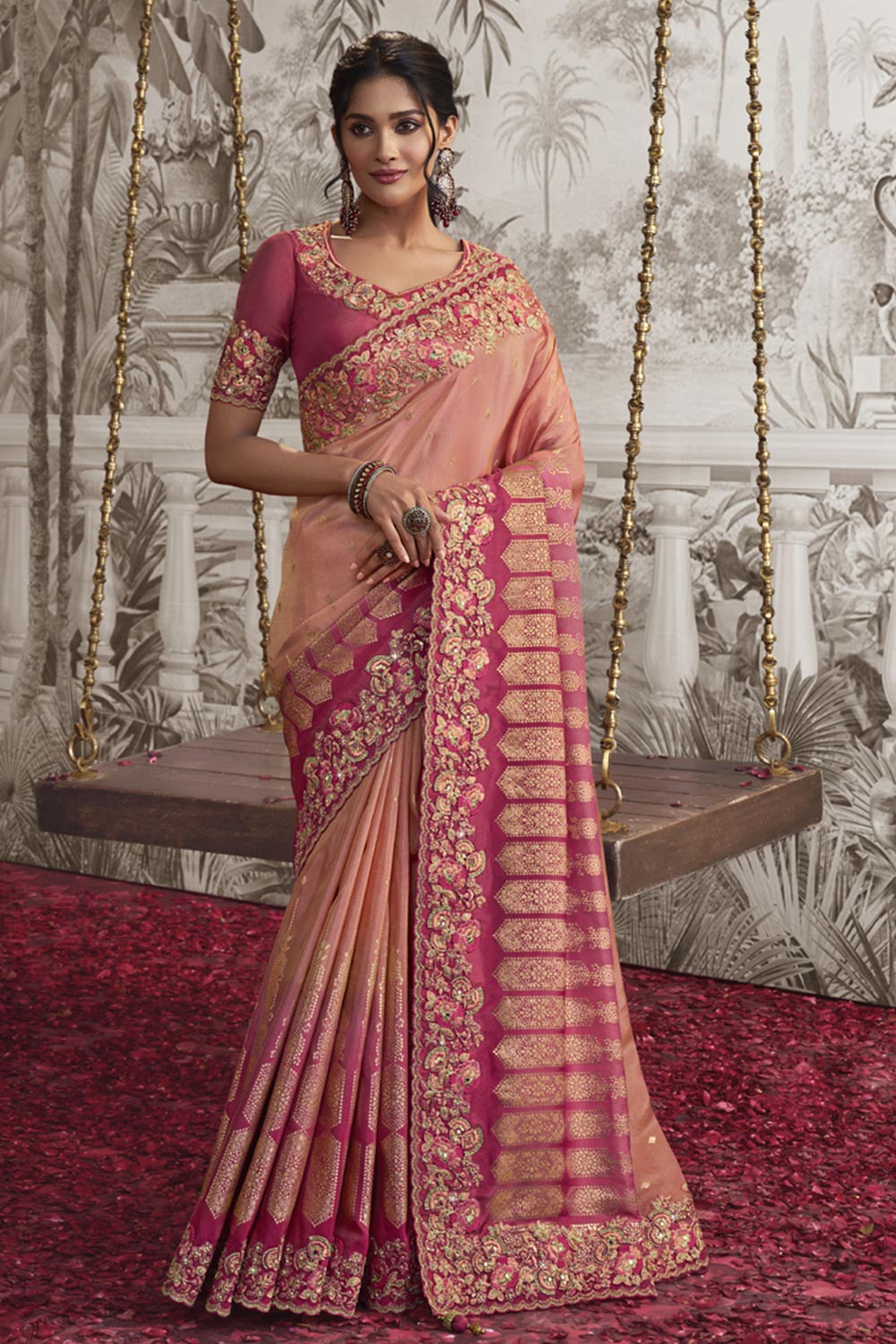 Pink Viscose Resham Embroidery Party Wear Designer Saree