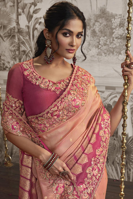 Pink Viscose Resham Embroidery Party Wear Designer Saree