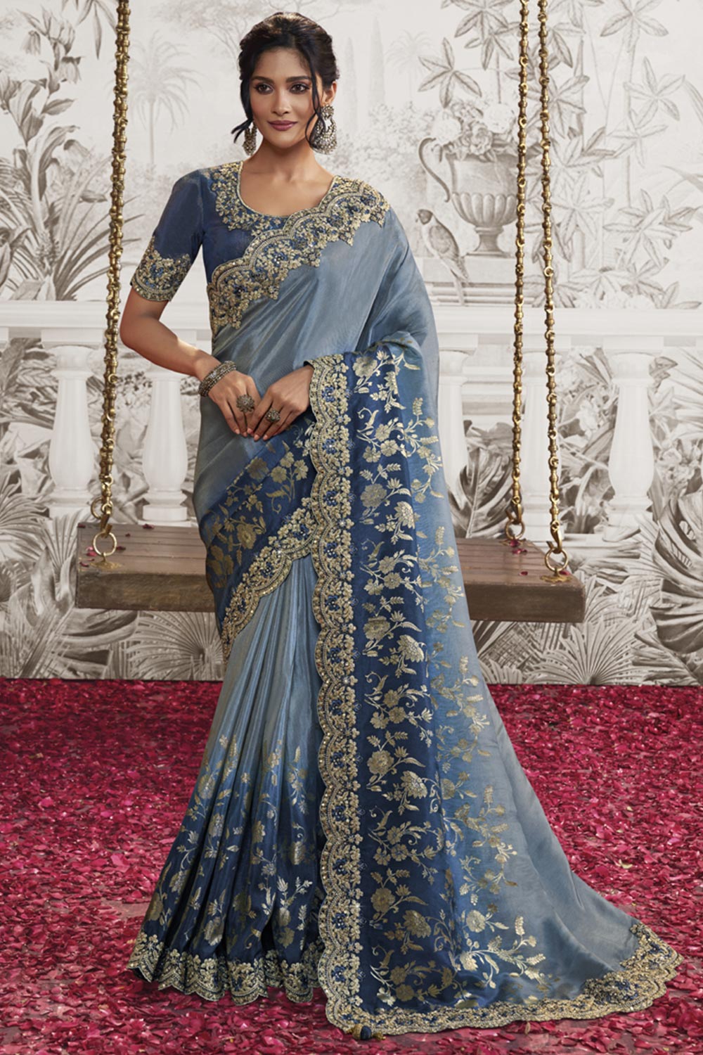 Blue Viscose Resham Embroidery Party Wear Designer Saree