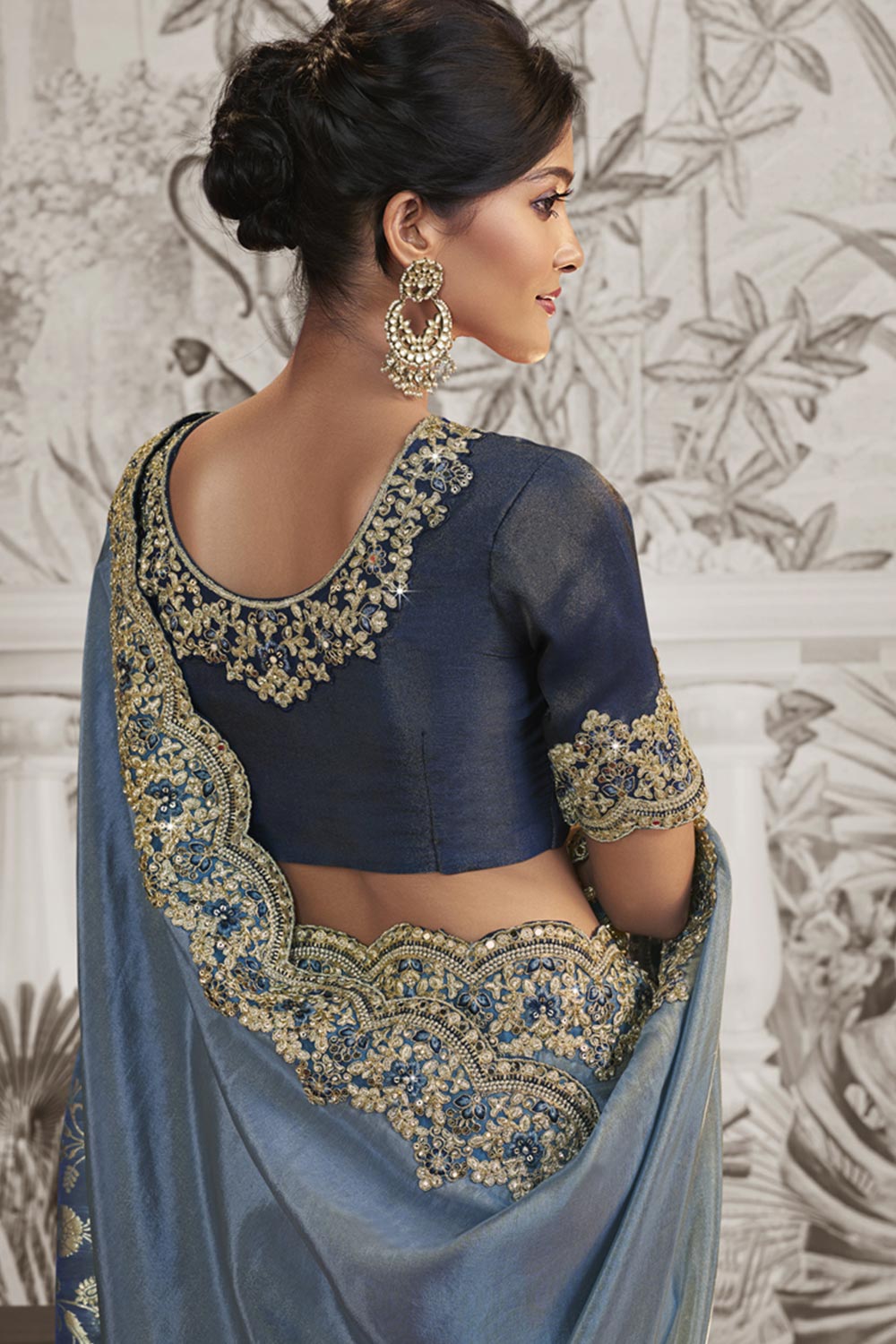 Blue Viscose Resham Embroidery Party Wear Designer Saree