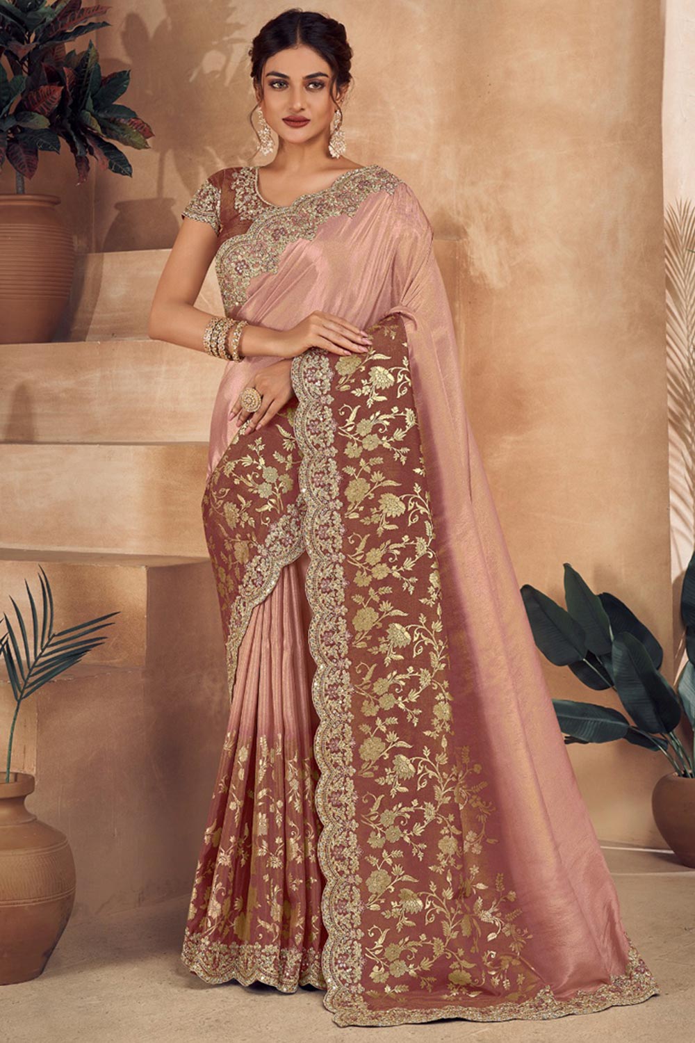 Brown Viscose Resham Embroidery Party Wear Designer Saree