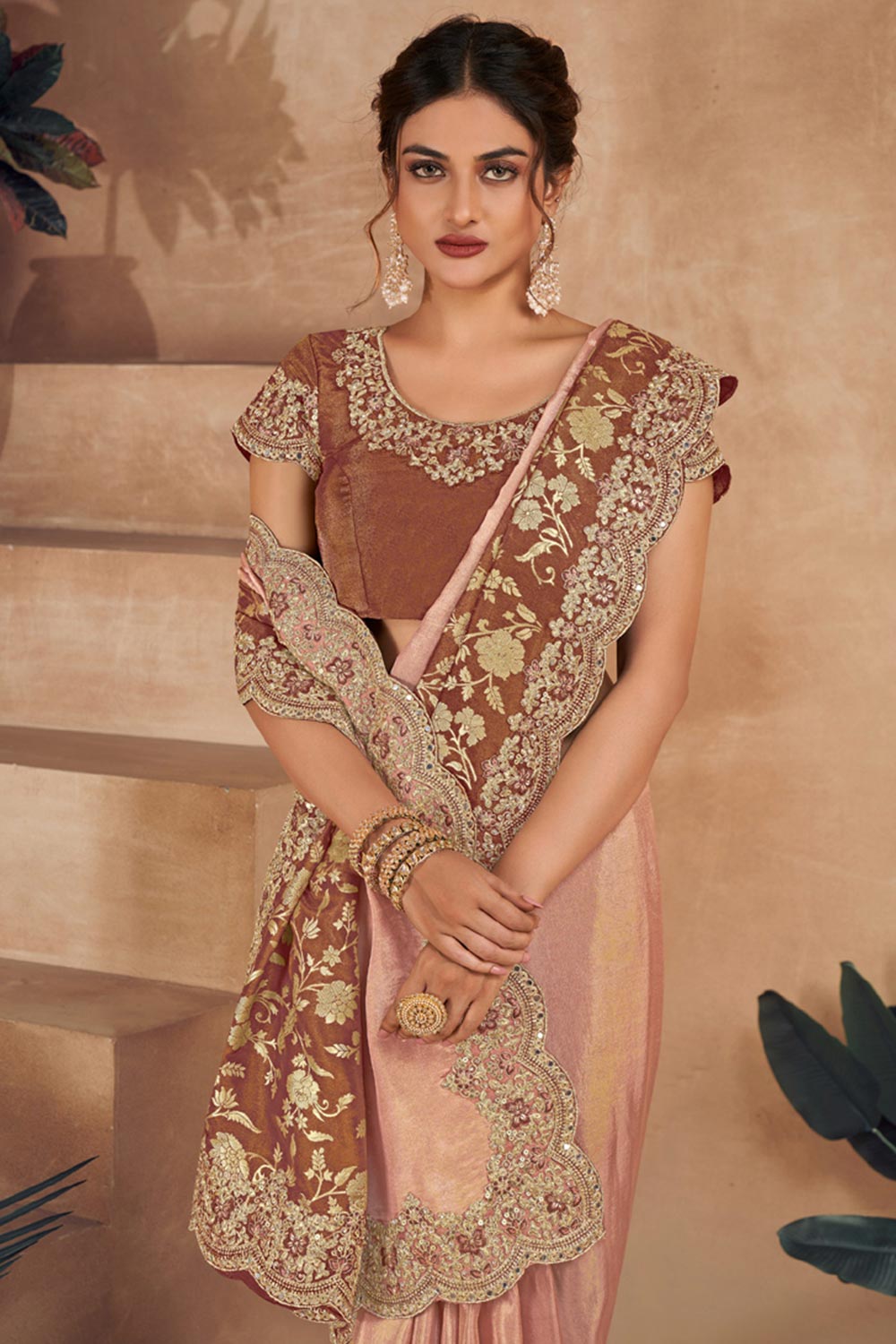 Brown Viscose Resham Embroidery Party Wear Designer Saree