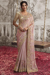 Baby Pink Viscose Resham Embroidery Party Wear Designer Saree