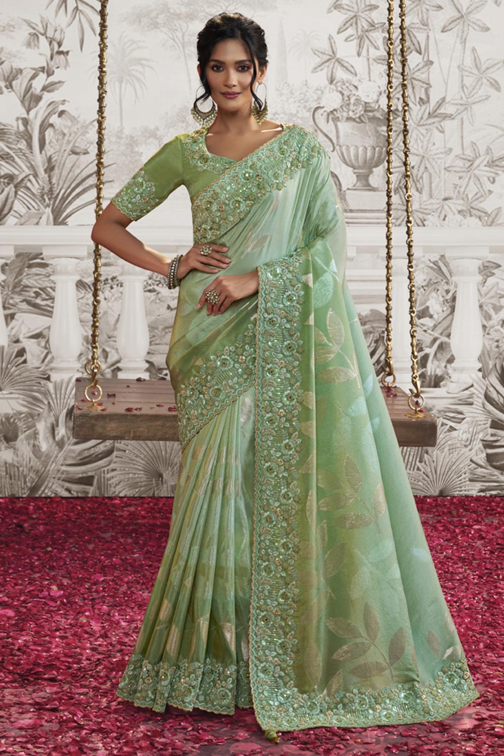 Parrot Green Viscose Resham Embroidery Party Wear Designer Saree