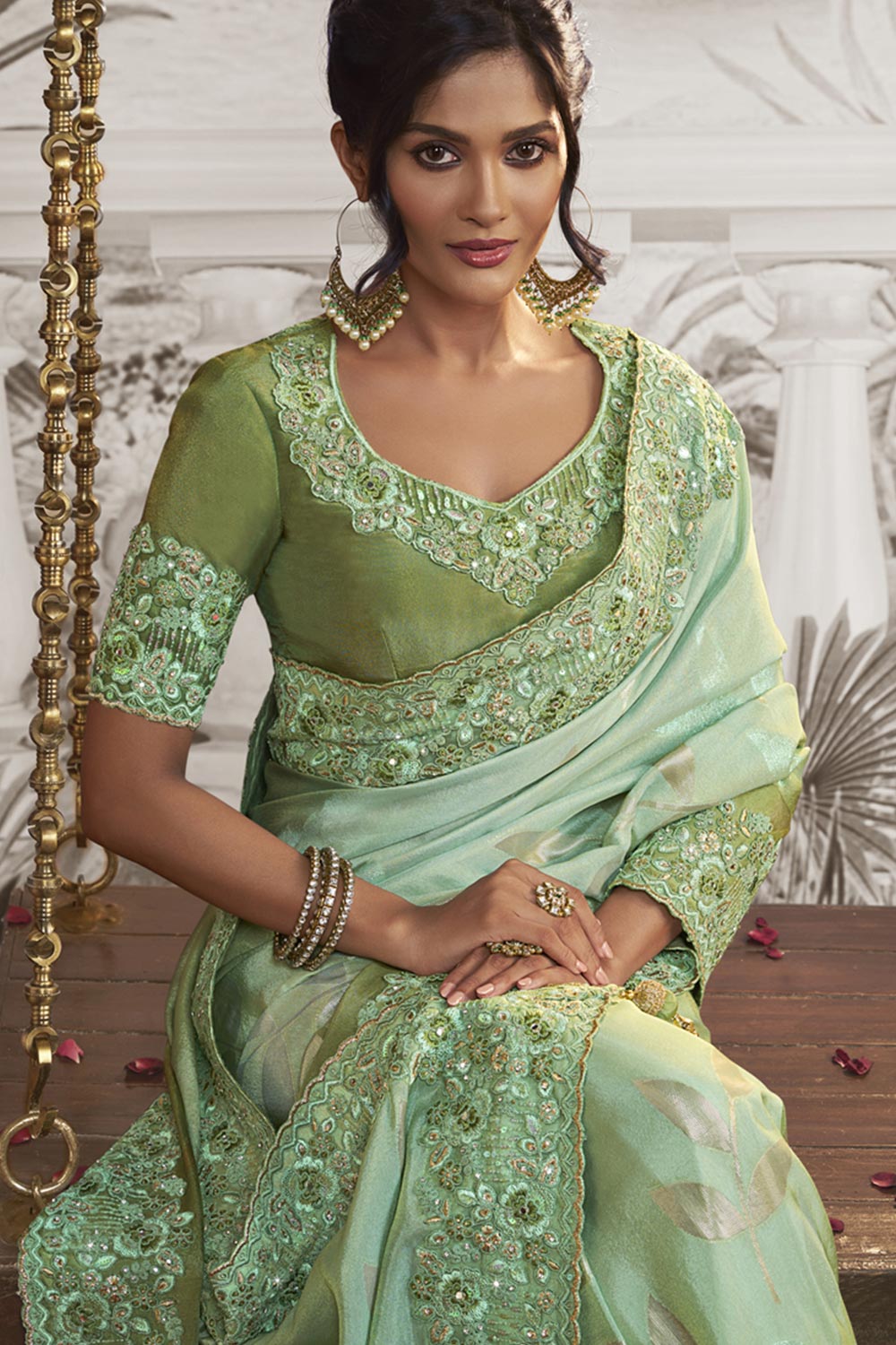 Parrot Green Viscose Resham Embroidery Party Wear Designer Saree