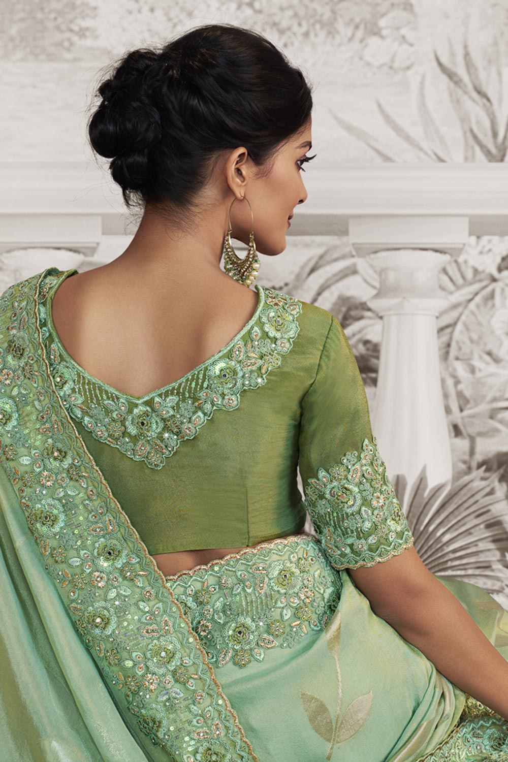 Parrot Green Viscose Resham Embroidery Party Wear Designer Saree