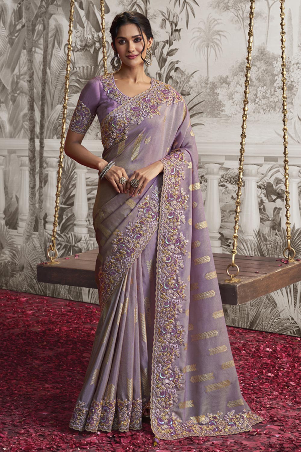 Light Lavender Viscose Resham Embroidery Party Wear Designer Saree