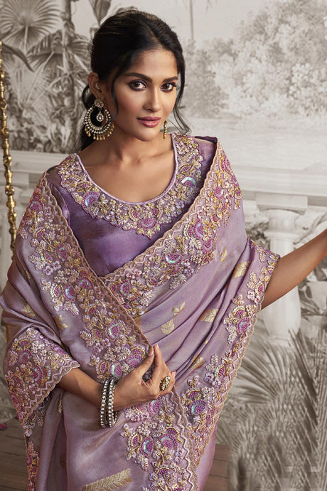 Light Lavender Viscose Resham Embroidery Party Wear Designer Saree